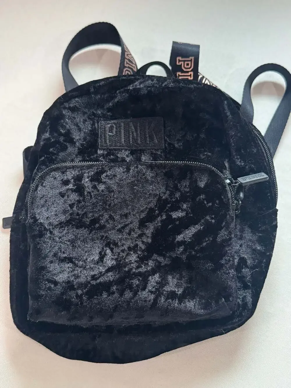 PINK Crushed Velvet Mini Backpack Y2K Logo Strap Black Campus Bag